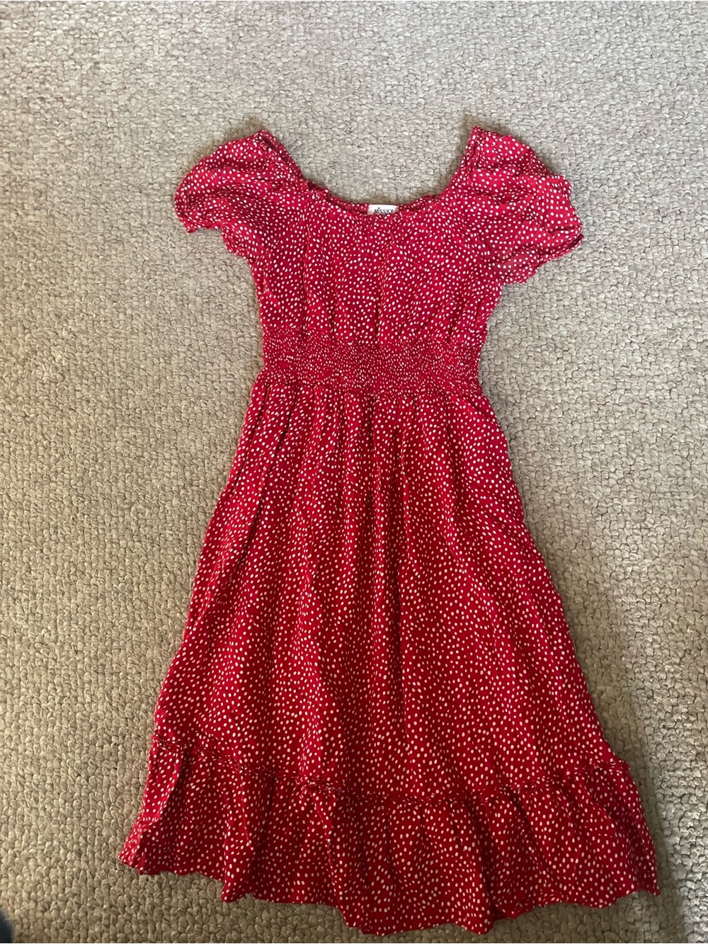 Red Polka Dot Casual Midi Dress with Smocked Waist